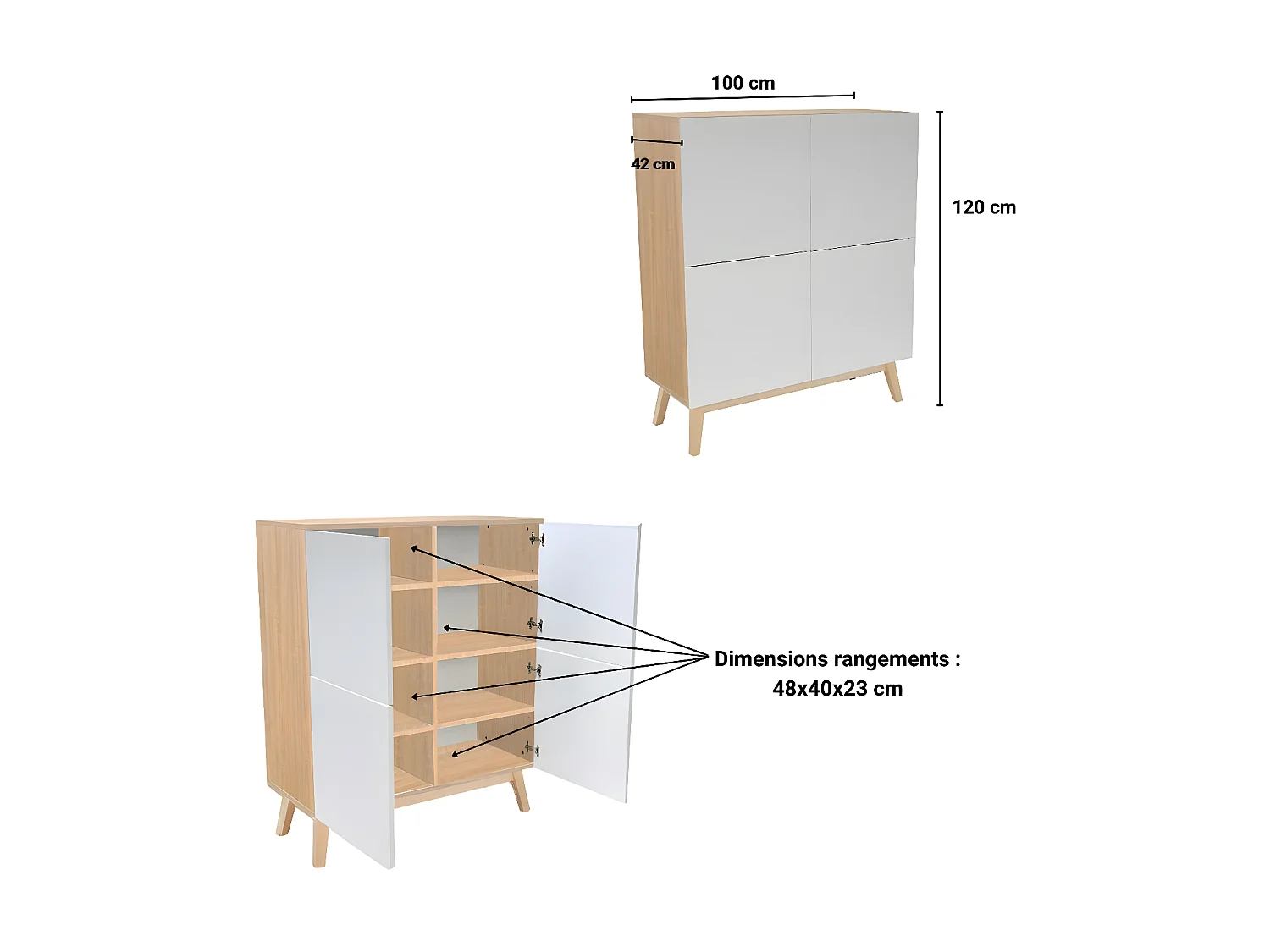 Meuble de rangement HOME 4 portes / Décor Blanc et Chêne Blanchi