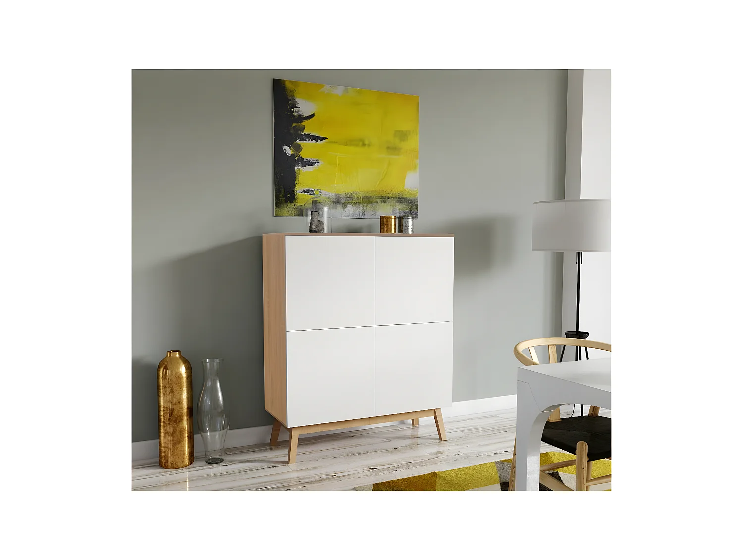 Meuble de rangement HOME 4 portes / Décor Blanc et Chêne Blanchi