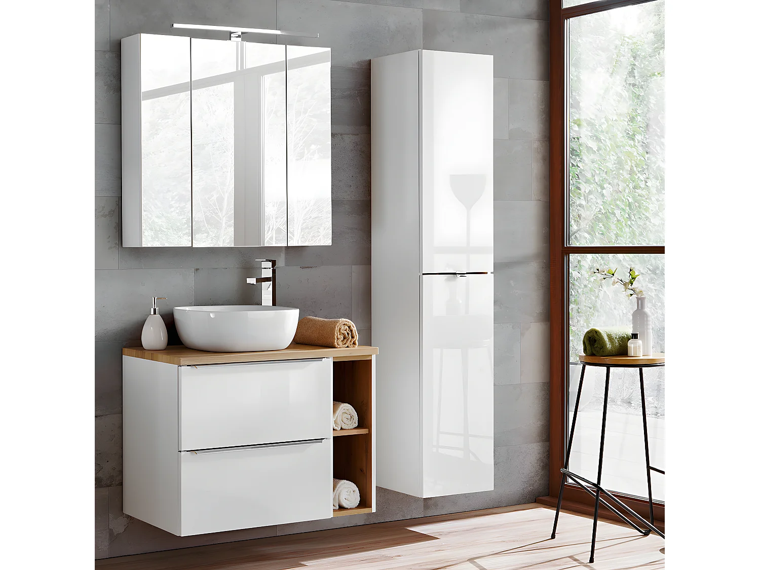 Meuble simple vasque 80cm 2 niches April Blanc et Bois