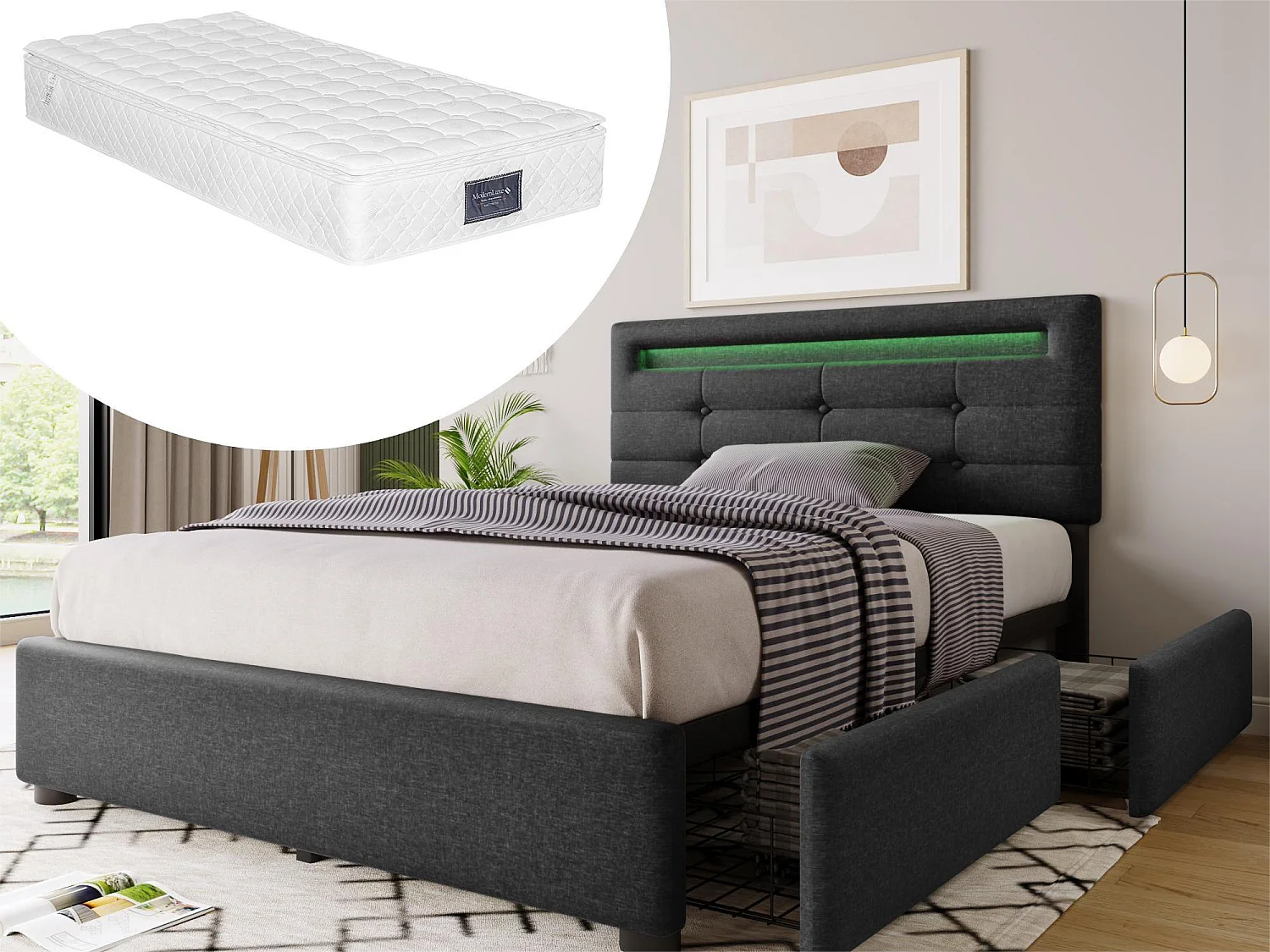 Bed 90 x 200 cm - linnen stof - LED's - grijs + matras