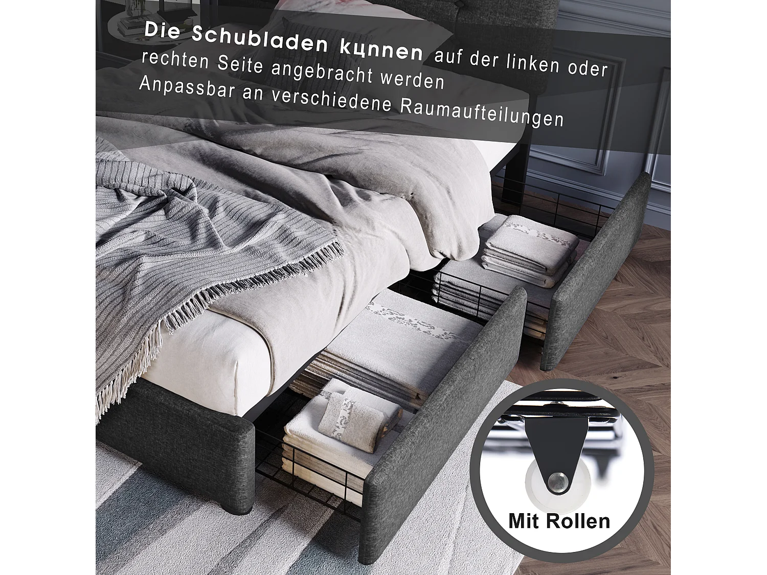 Bed 90 x 200 cm - linnen stof - LED's - grijs + matras