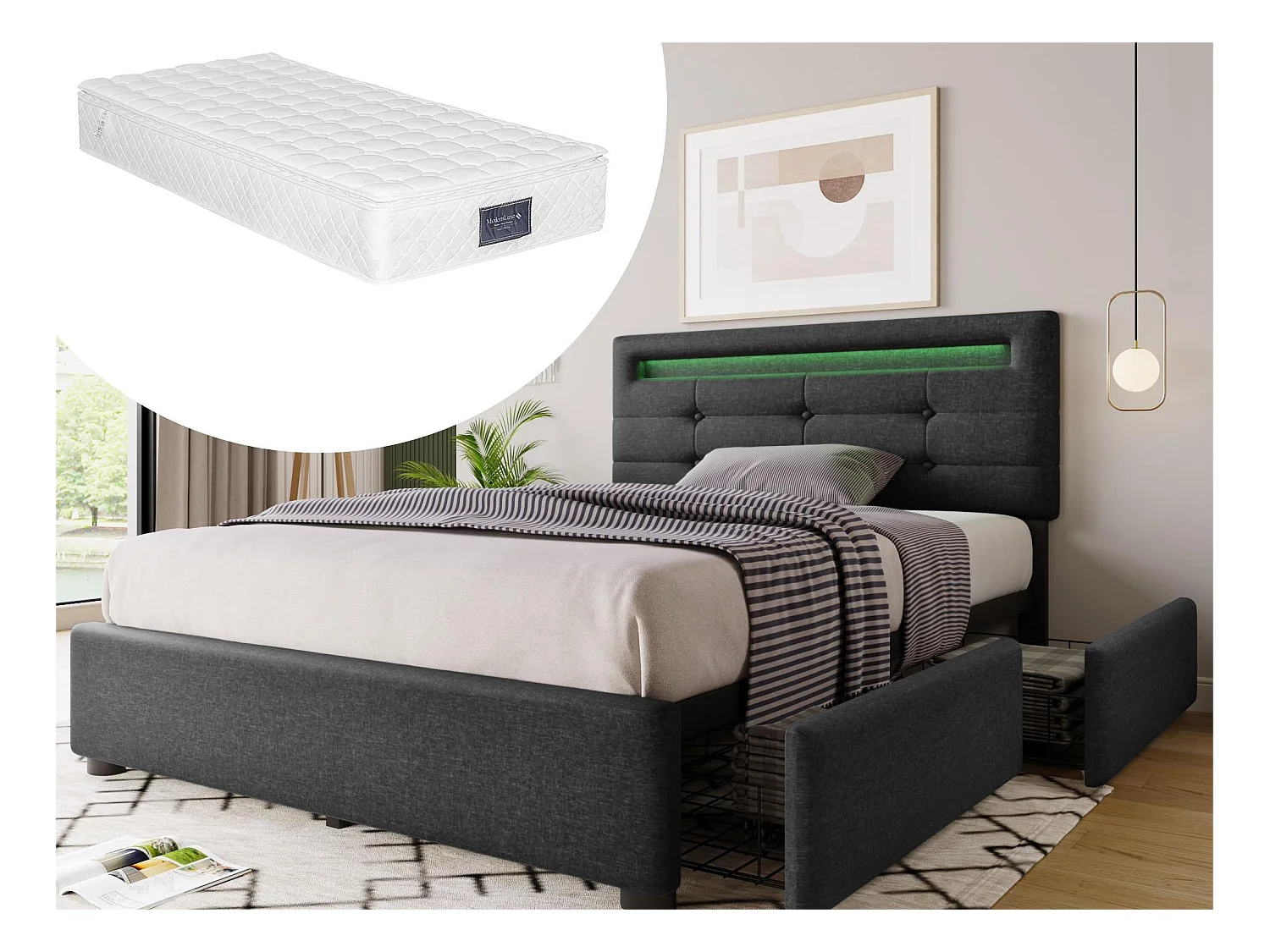 Bed 90 x 200 cm - linnen stof - LED's - grijs + matras
