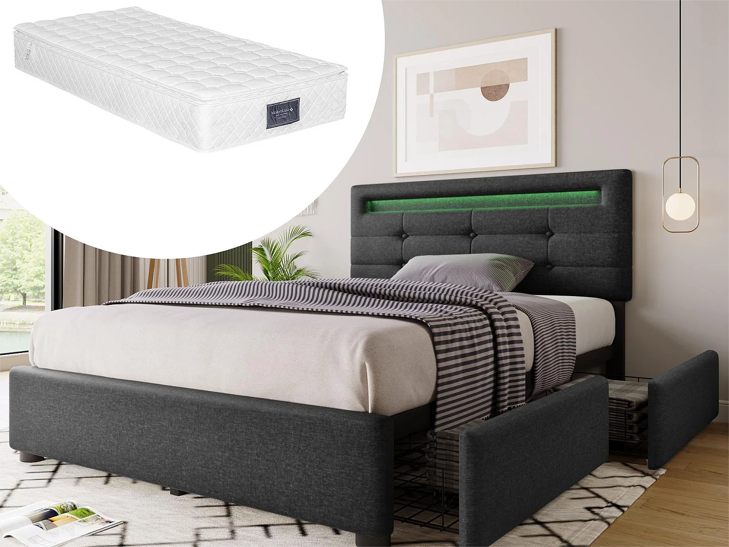 Lit 90 x 200 cm - tissu lin - leds - gris + matelas