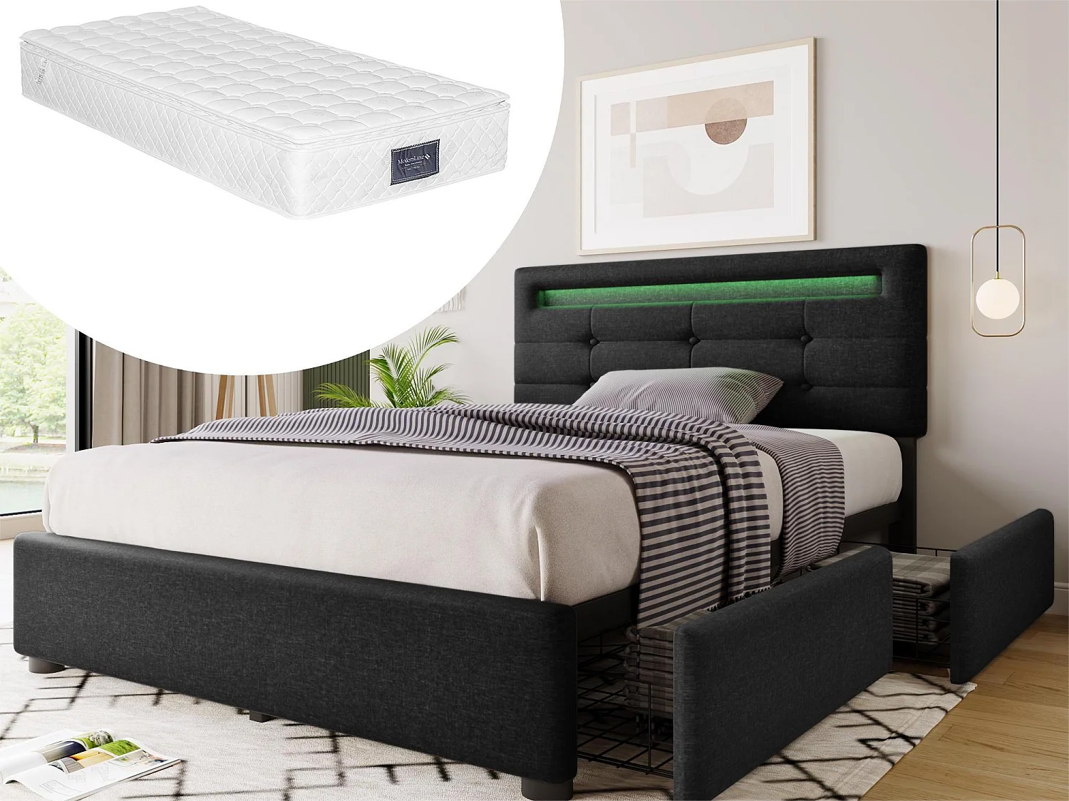 Bed 90 x 200 cm - linnen stof - LED's - zwart + matras