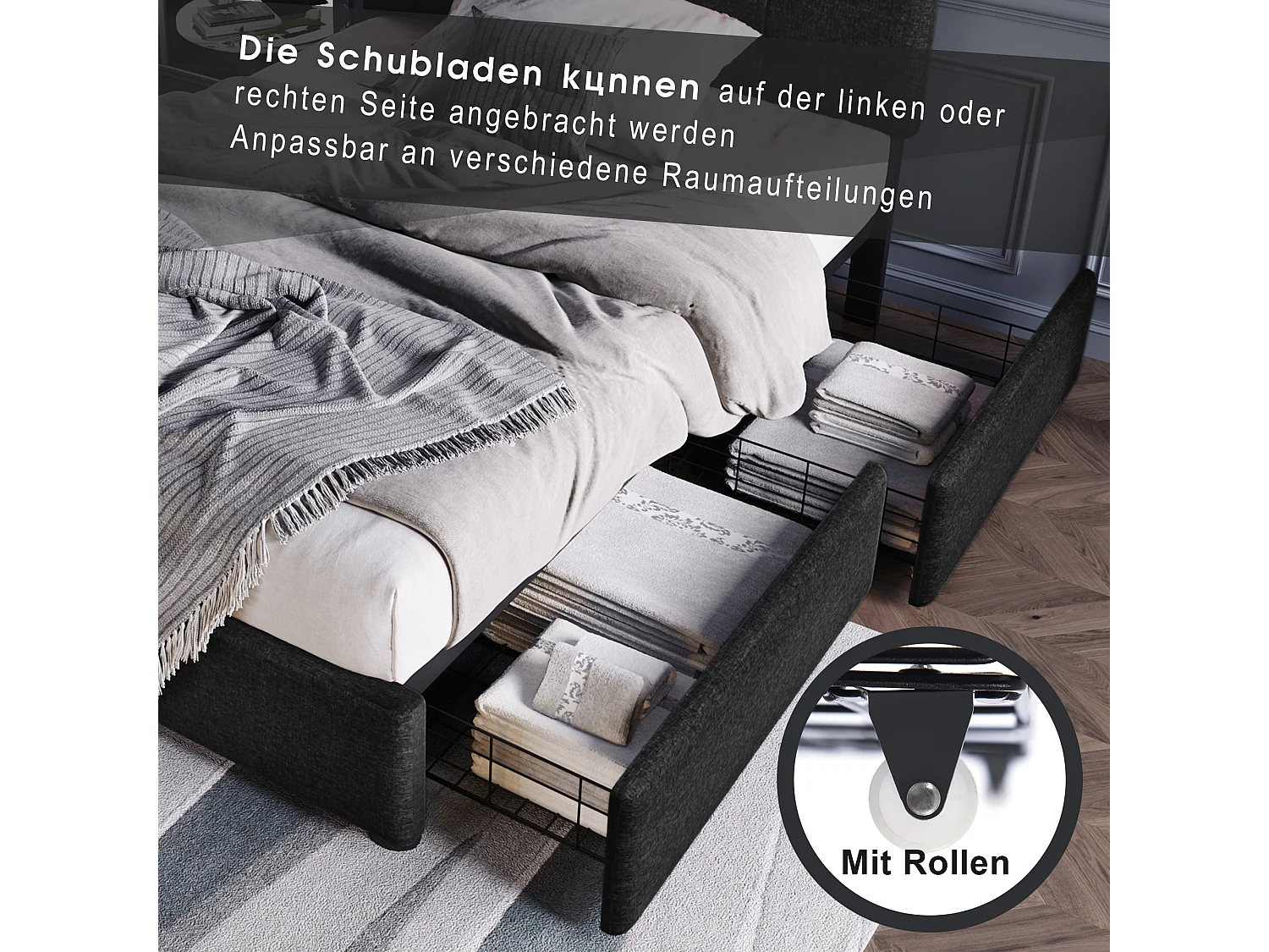 Bed 90 x 200 cm - linnen stof - LED's - zwart + matras