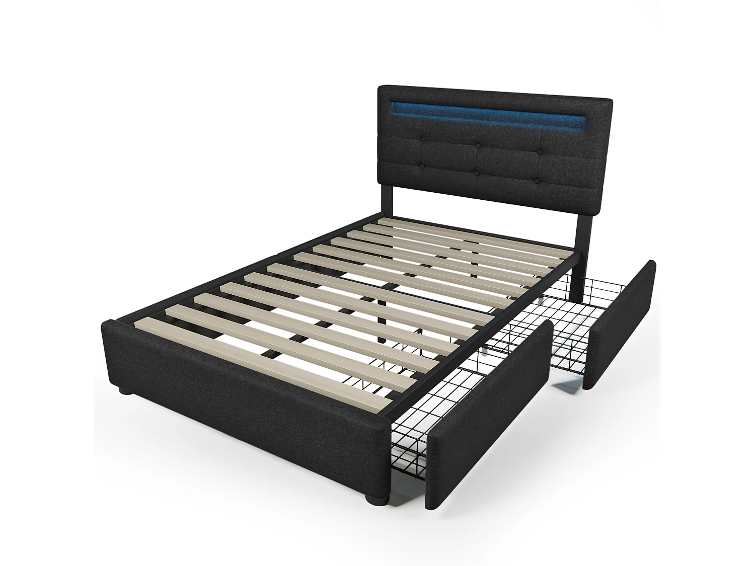 Bed 90 x 200 cm - linnen stof - LED's - zwart + matras