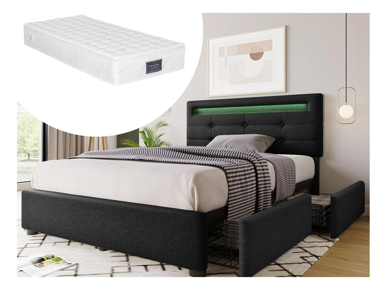 Lit 90 x 200 cm - tissu lin - leds - noir + matelas