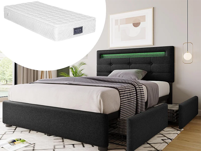 Lit 90 x 200 cm - tissu lin - leds - noir + matelas