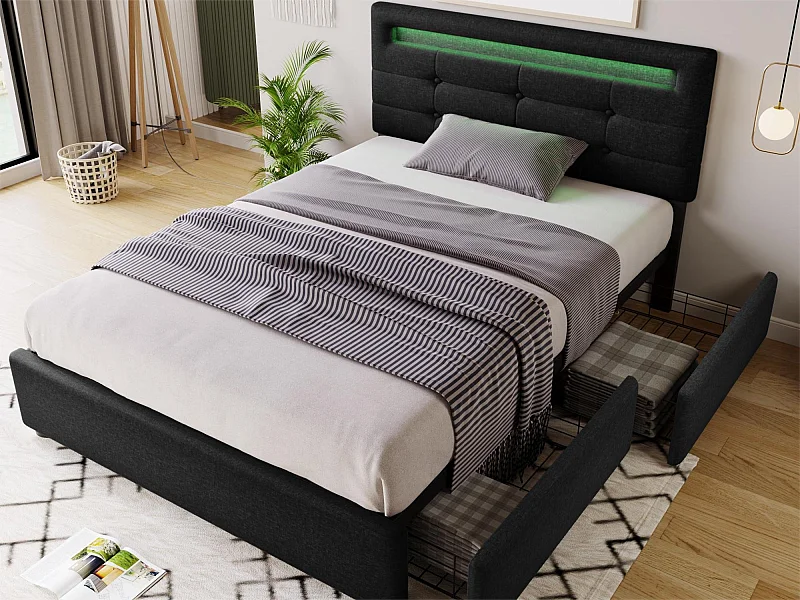 Lit 90 x 200 cm - tissu lin - leds - noir