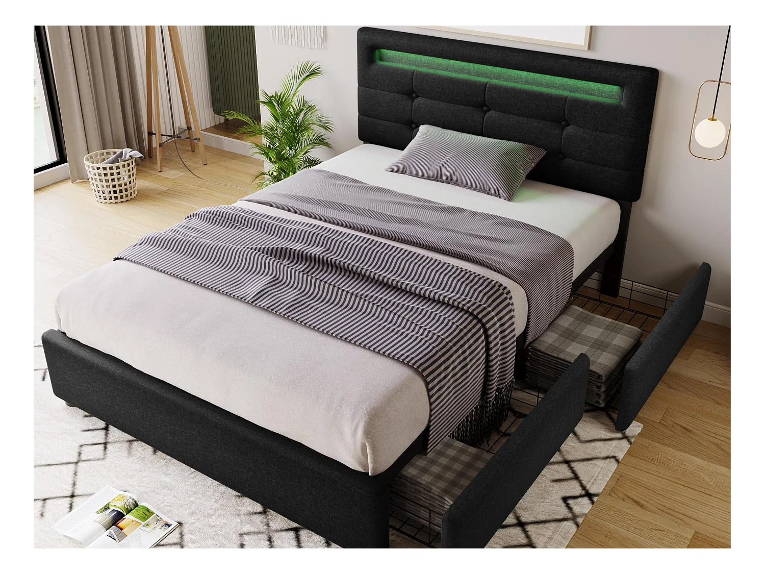 Lit 90 x 200 cm - tissu lin - leds - noir