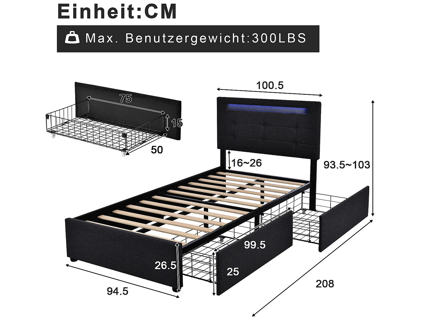 Lit 90 x 200 cm - tissu lin - leds - noir
