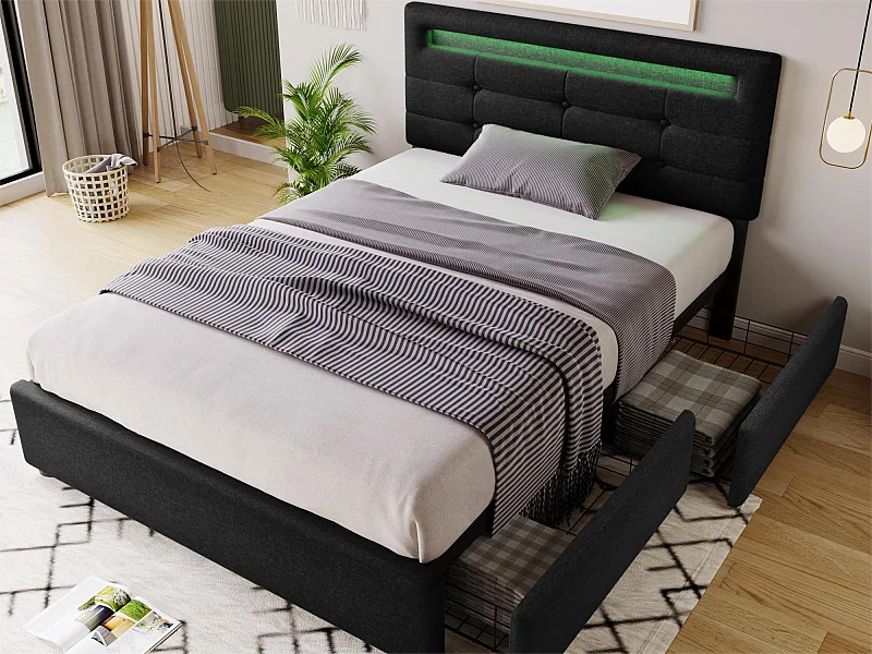 Łóżko 90 x 200 cm - tkanina lniana - LEDy - czarne