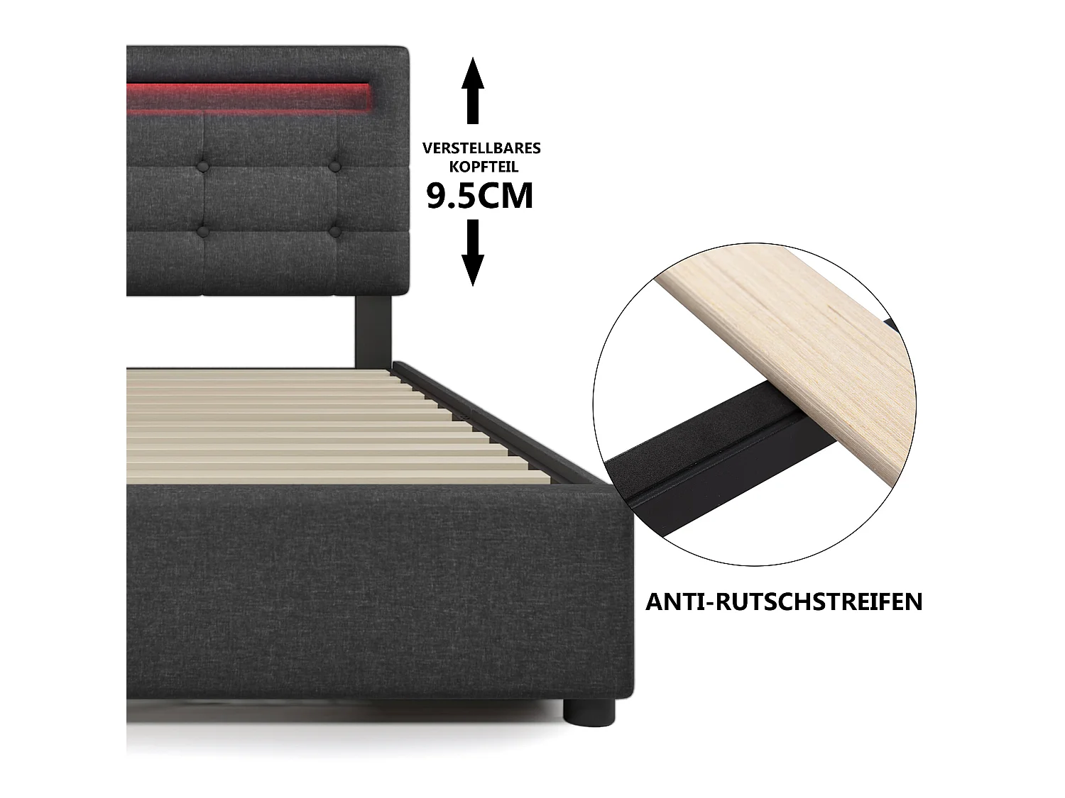 Lit 90 x 200 cm - tissu lin - leds - gris