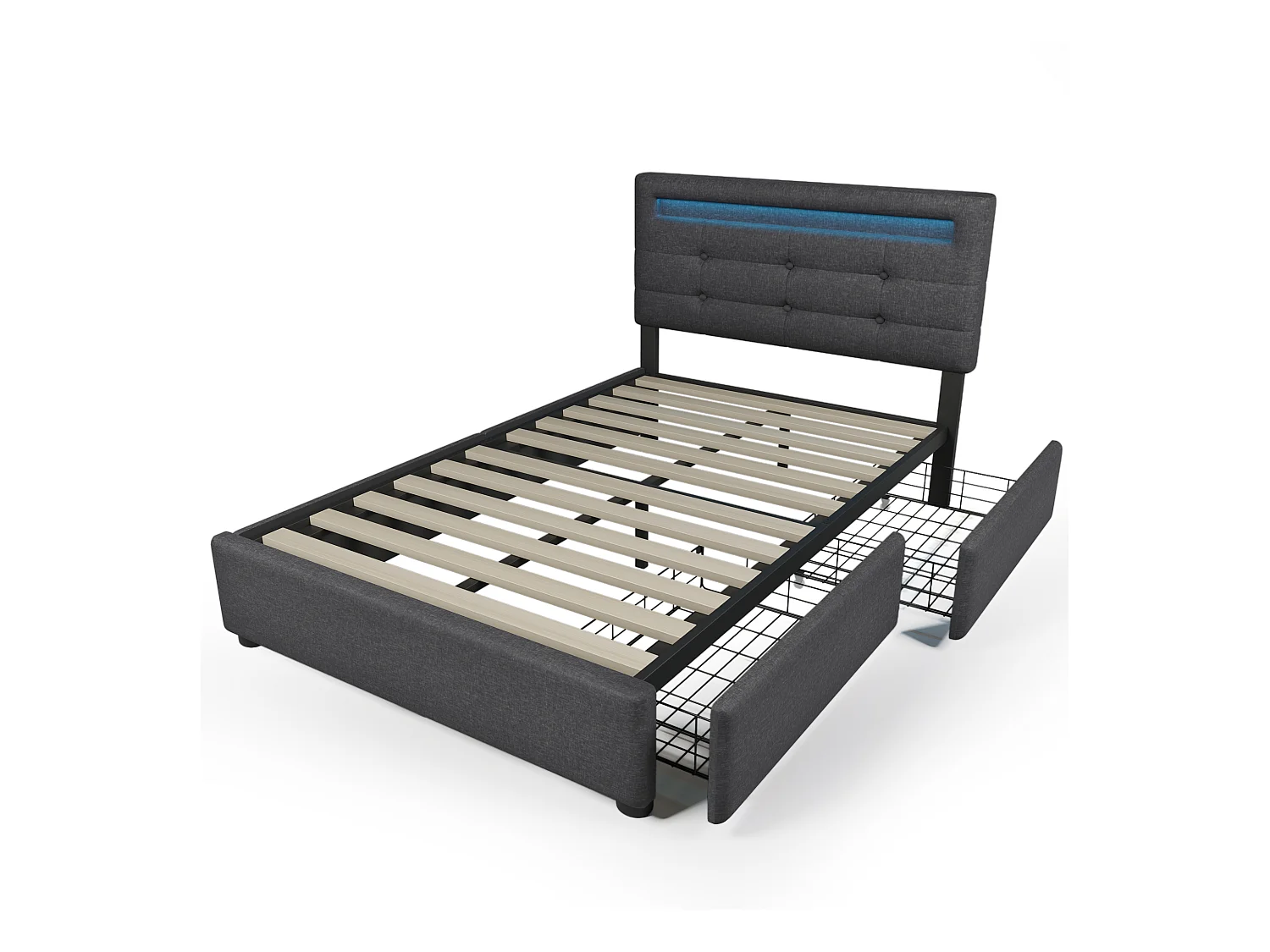 Lit 90 x 200 cm - tissu lin - leds - gris