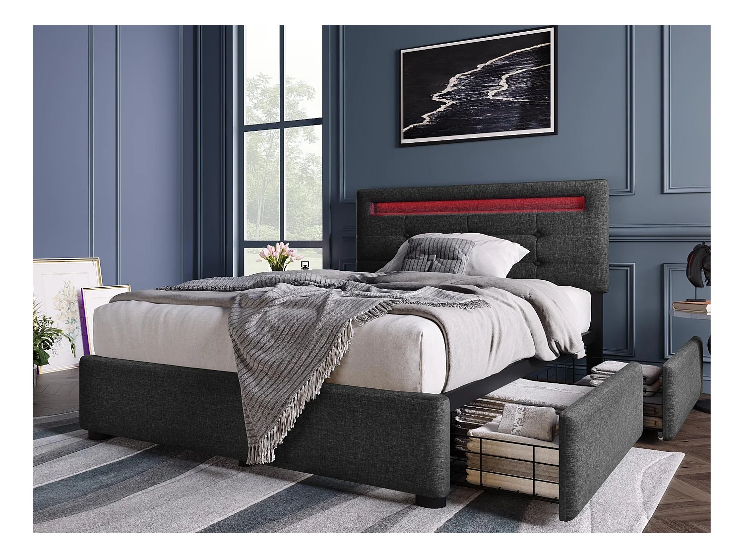 Lit 90 x 200 cm - tissu lin - leds - gris