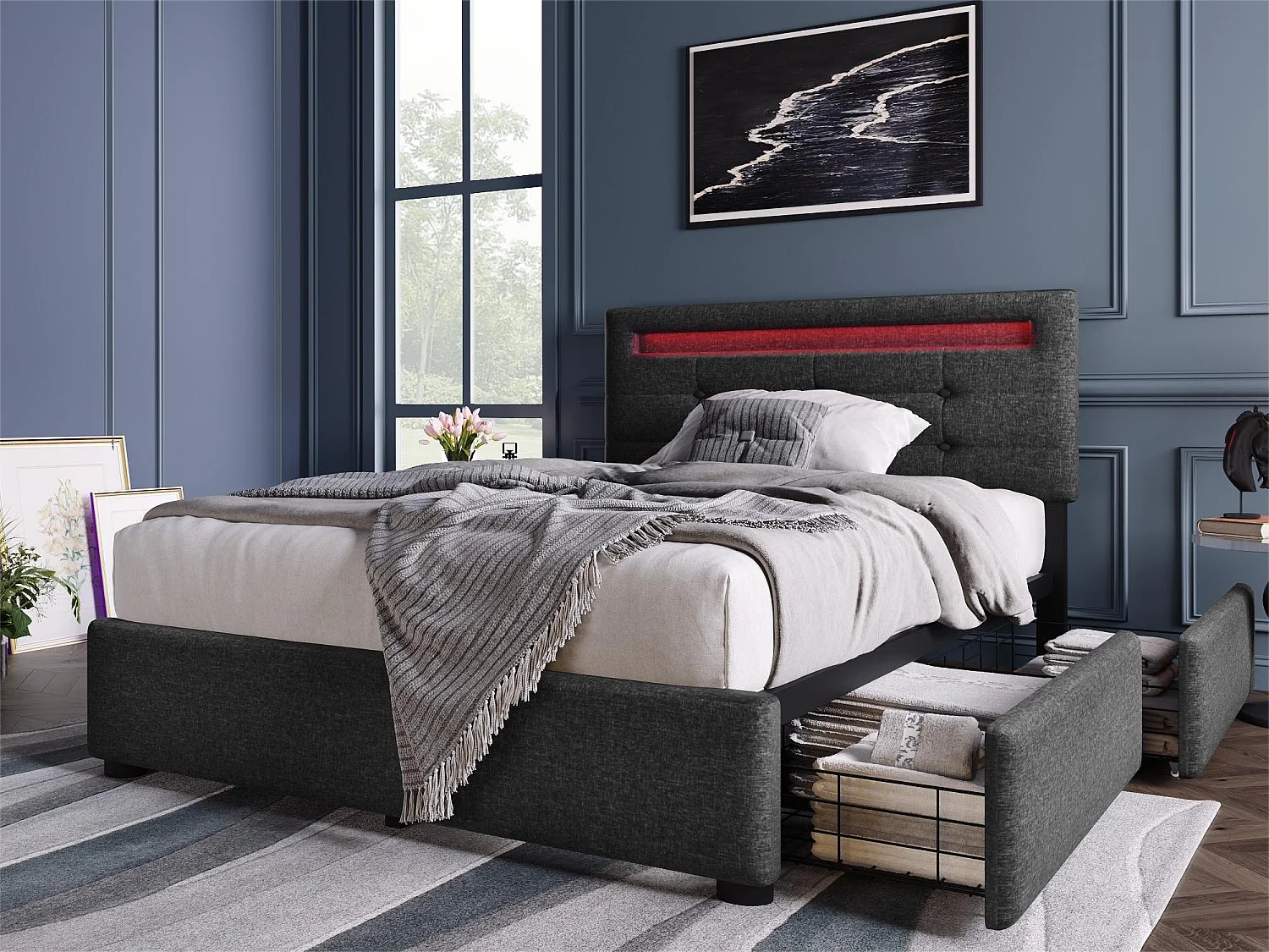 Bett 90 x 200 cm – Leinenstoff – LEDs – Grau