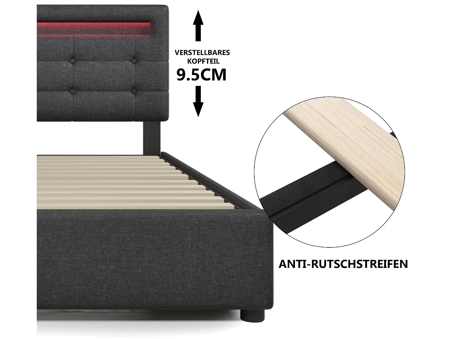 Bett 90 x 200 cm – Leinenstoff – LEDs – Grau