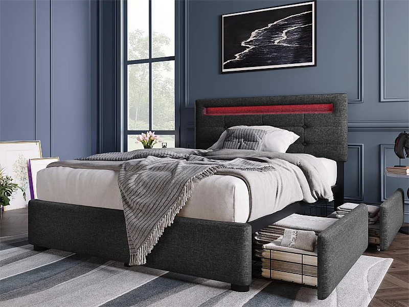 Cama 90 x 200 cm - tecido de linho - LEDs - cinza