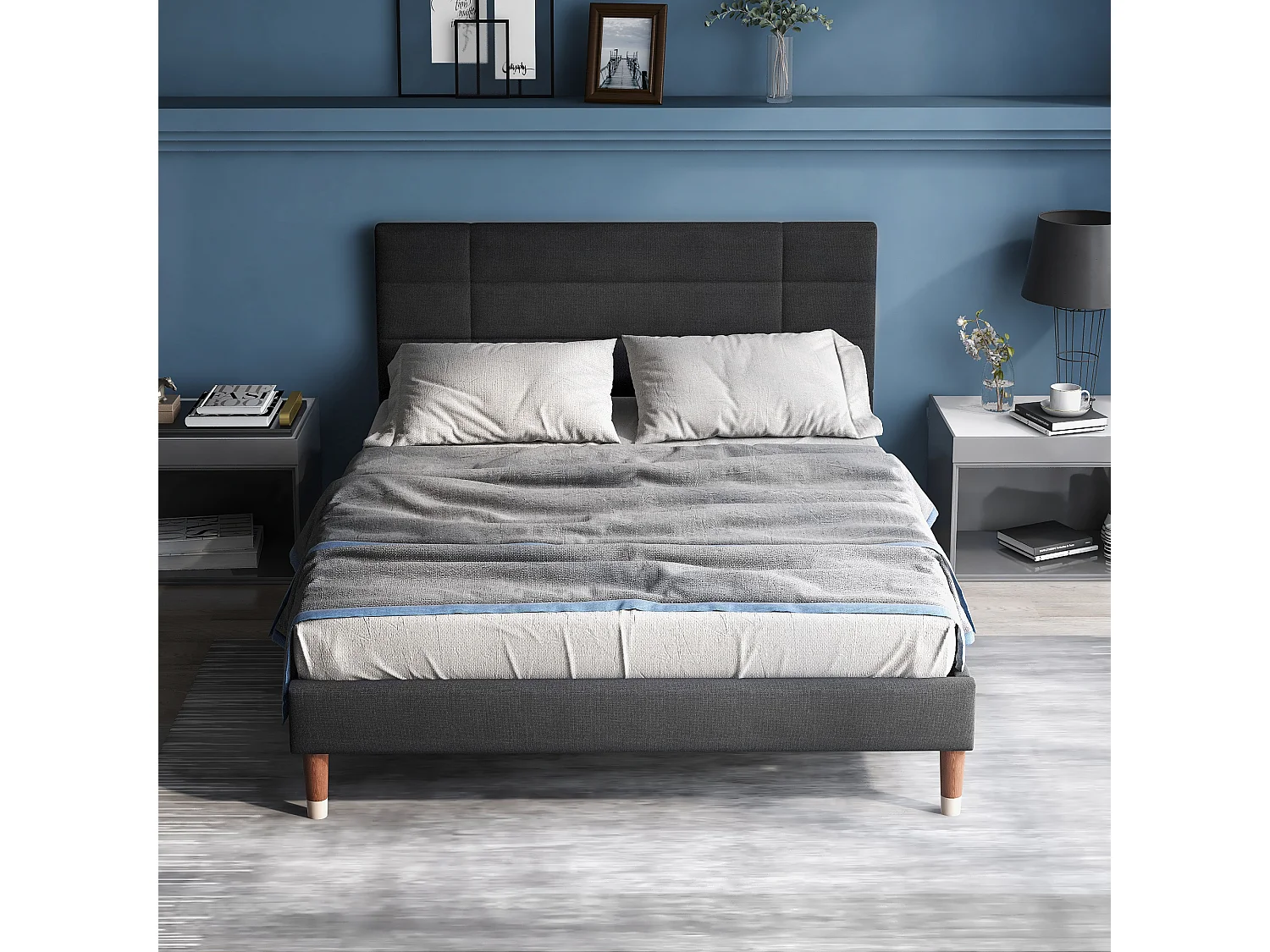 Bett mit Kopfteil – 140 x 200 cm – Leinenstoff – Grau