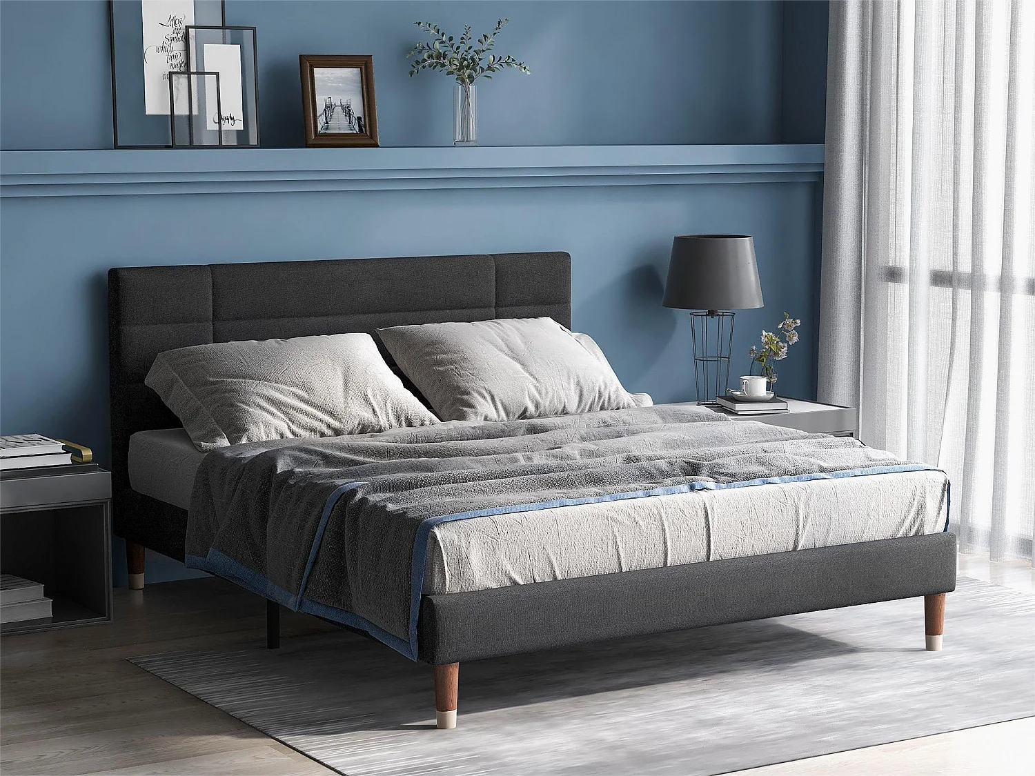 Lit avec tête de lit - 140 x 200 cm - tissu lin - gris