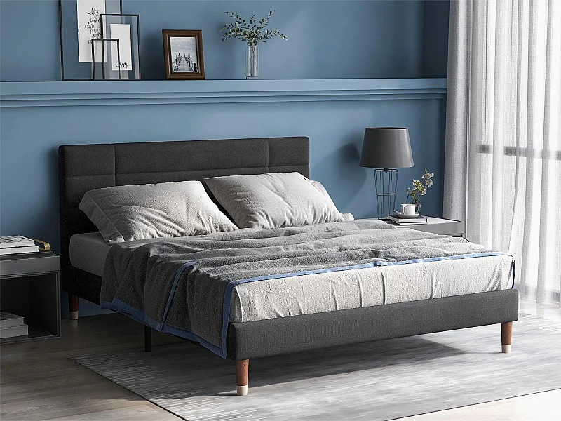 Letto con testiera - 140 x 200 cm - tessuto di lino - grigio