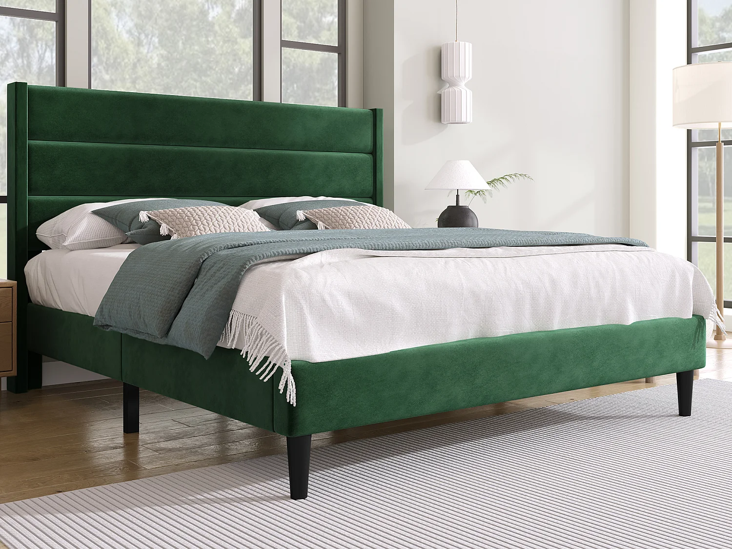 Bed met hoofdbord - 140 x 200 cm - fluweel - lattenbodem - groen