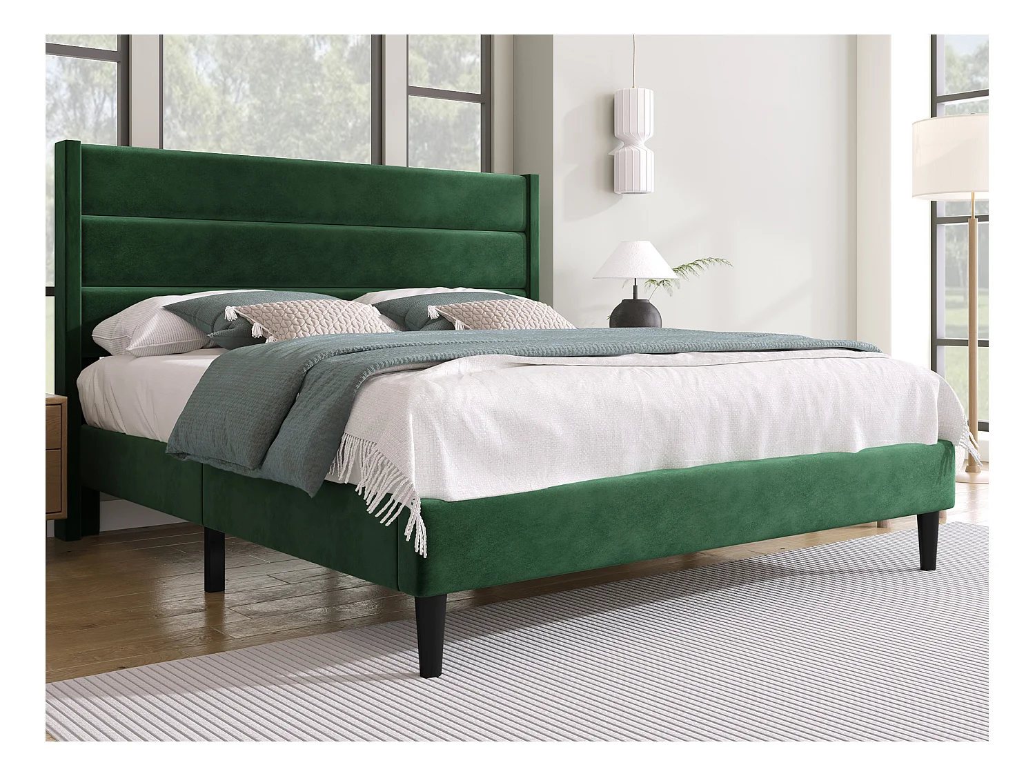 Bed met hoofdbord - 140 x 200 cm - fluweel - lattenbodem - groen