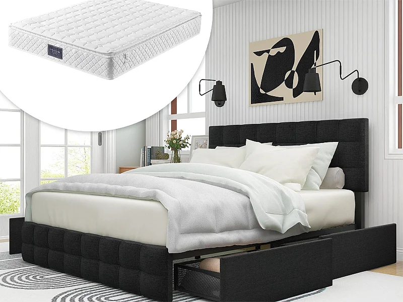 Letto con testiera e 4 cassetti - 140 x 200 cm - tessuto di lino - nero + materasso