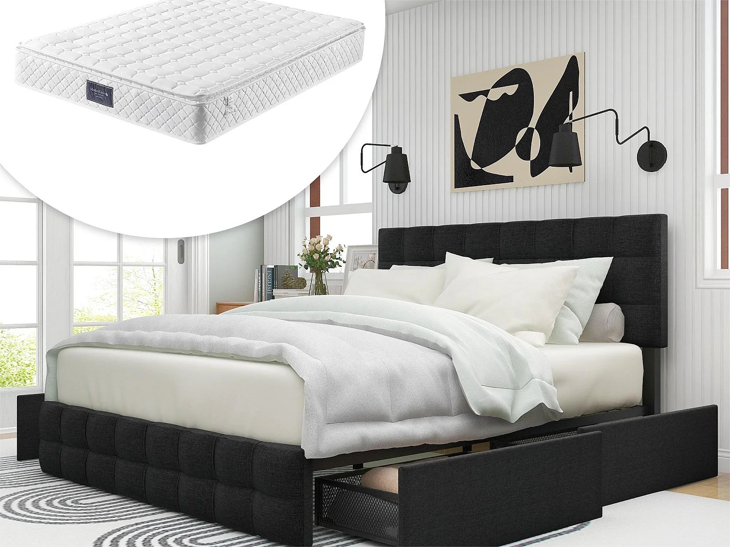 Bett mit Kopfteil und 4 Schubladen – 140 x 200 cm – Leinenstoff – Schwarz + Matratze