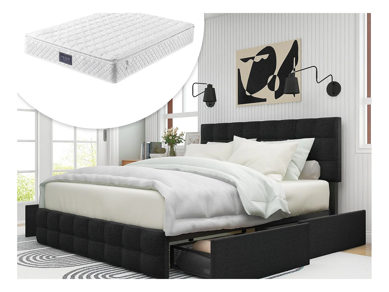 Lit avec tête de lit et 4 tiroirs - 140 x 200 cm - tissu lin - noir + matelas