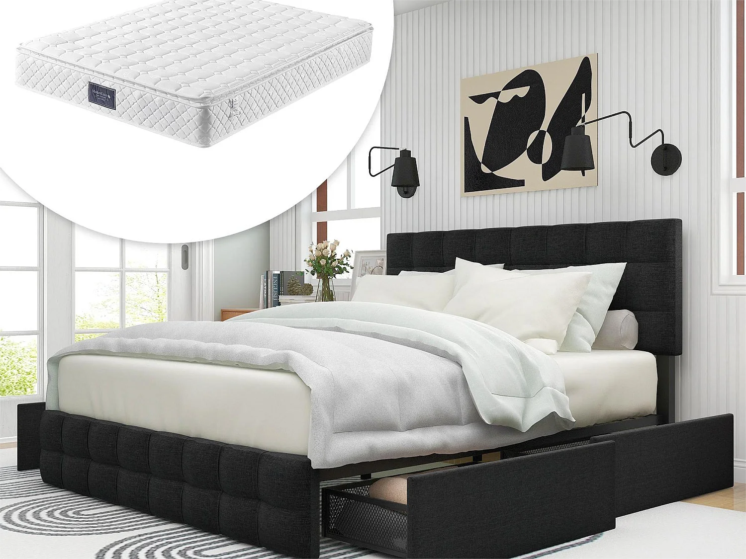 Bed met hoofdeinde en 4 lades - 140 x 200 cm - linnen stof - zwart + matras