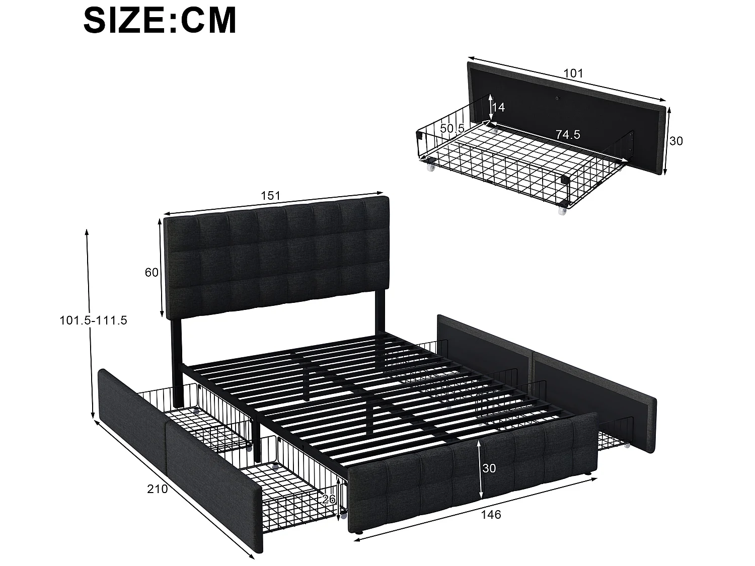 Letto con testiera e 4 cassetti - 140 x 200 cm - tessuto di lino - nero