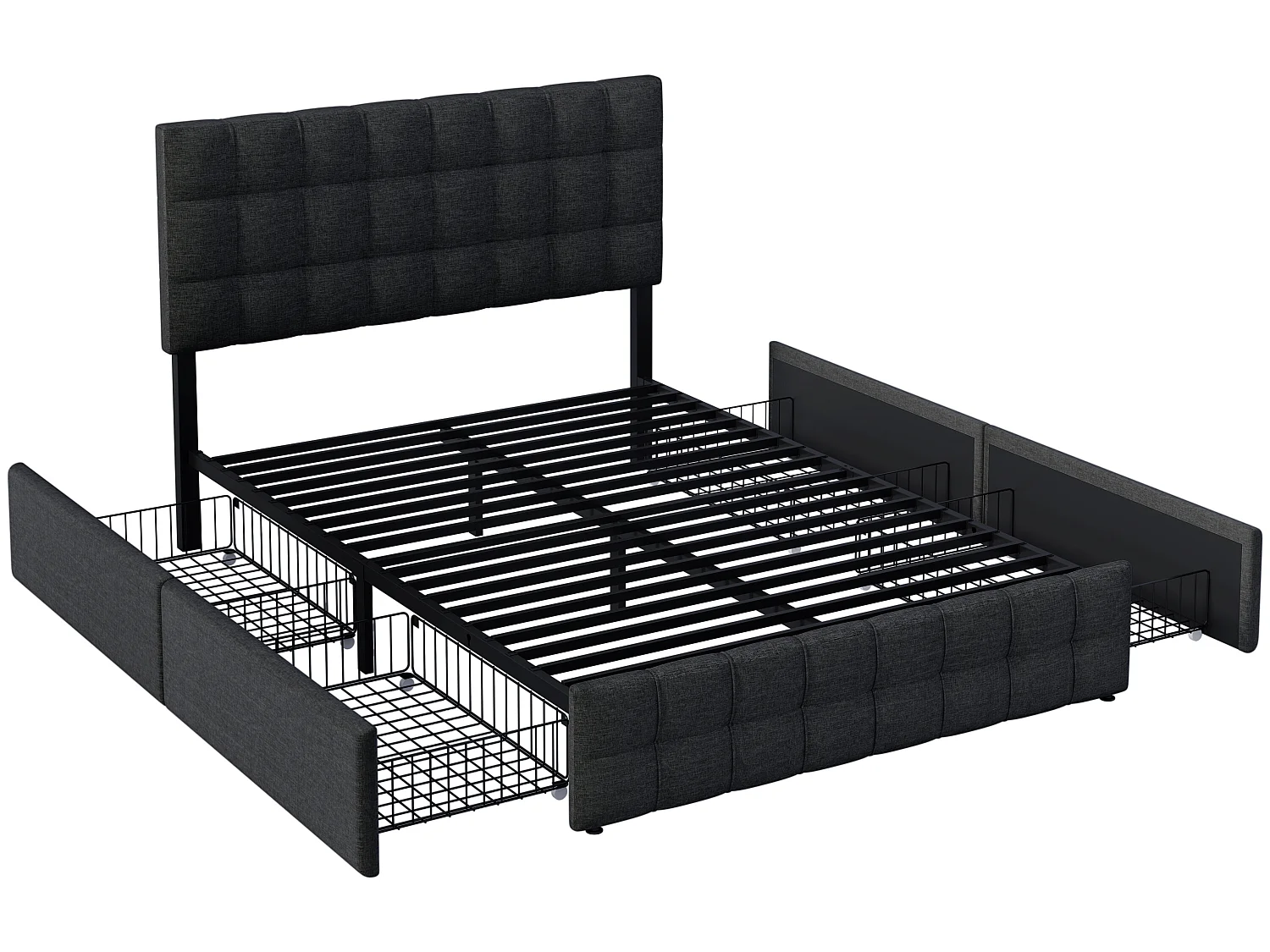 Letto con testiera e 4 cassetti - 140 x 200 cm - tessuto di lino - nero
