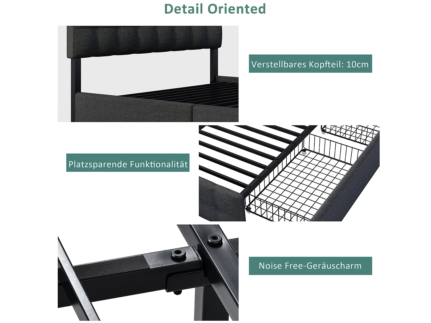 Letto con testiera e 4 cassetti - 140 x 200 cm - tessuto di lino - nero