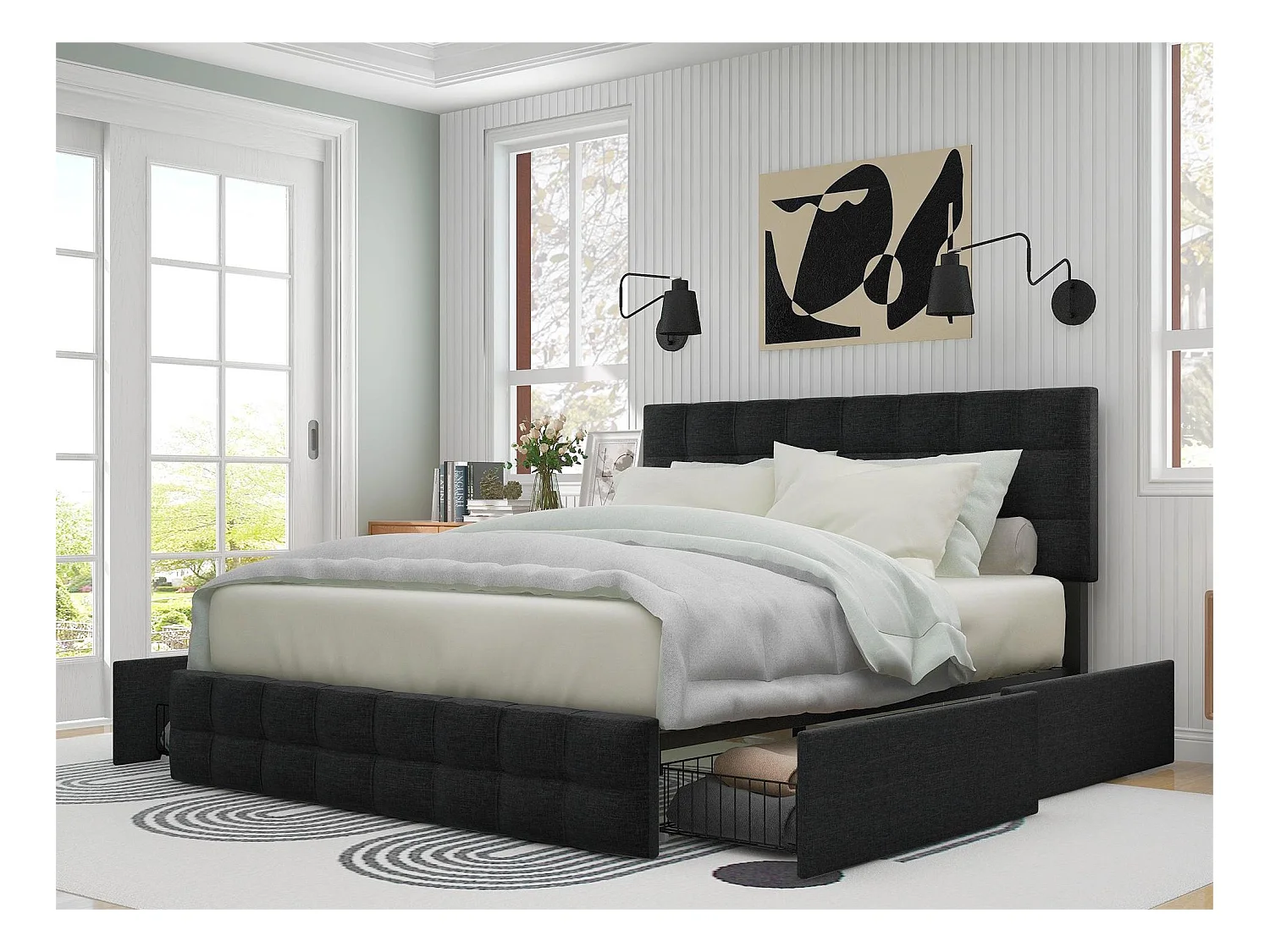 Lit avec tête de lit et 4 tiroirs - 140 x 200 cm - tissu lin - noir
