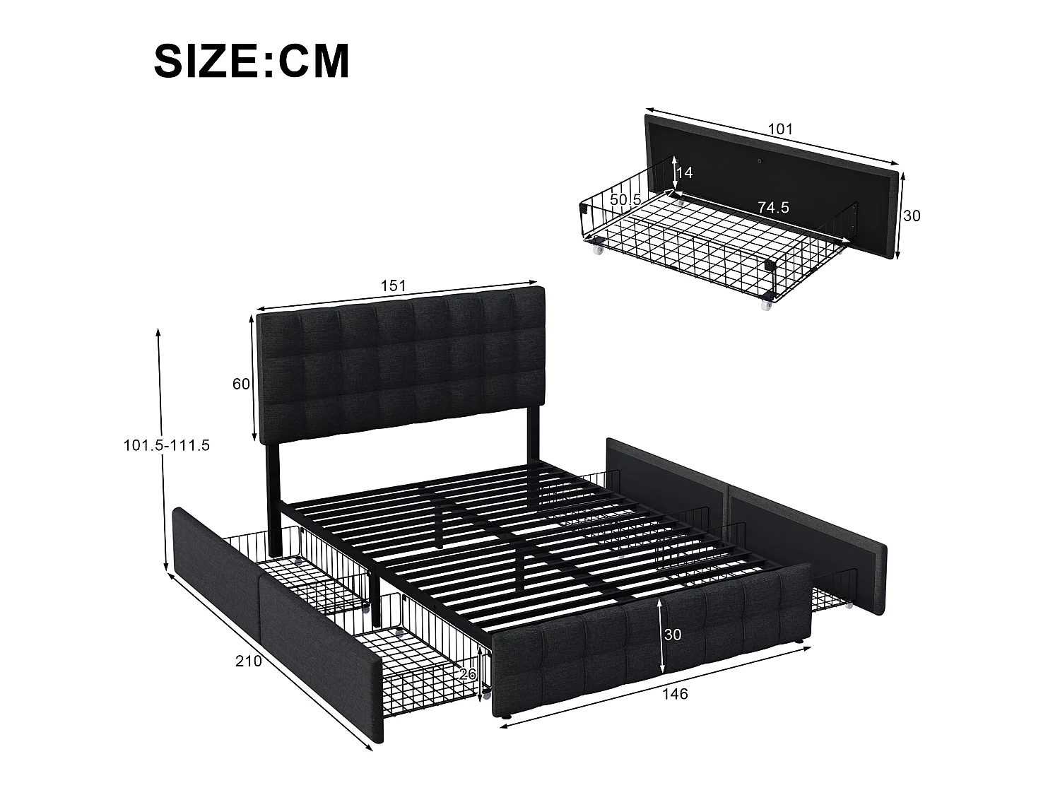 Lit avec tête de lit et 4 tiroirs - 140 x 200 cm - tissu lin - noir