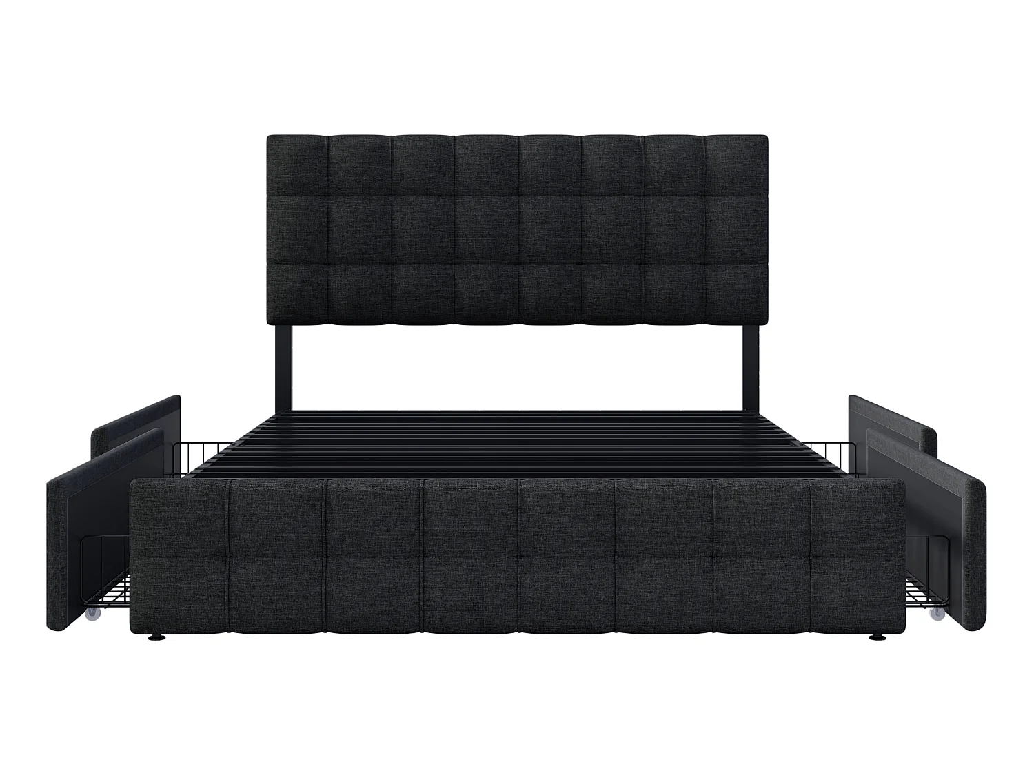 Lit avec tête de lit et 4 tiroirs - 140 x 200 cm - tissu lin - noir