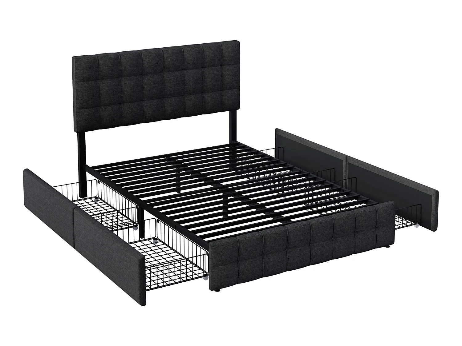 Lit avec tête de lit et 4 tiroirs - 140 x 200 cm - tissu lin - noir