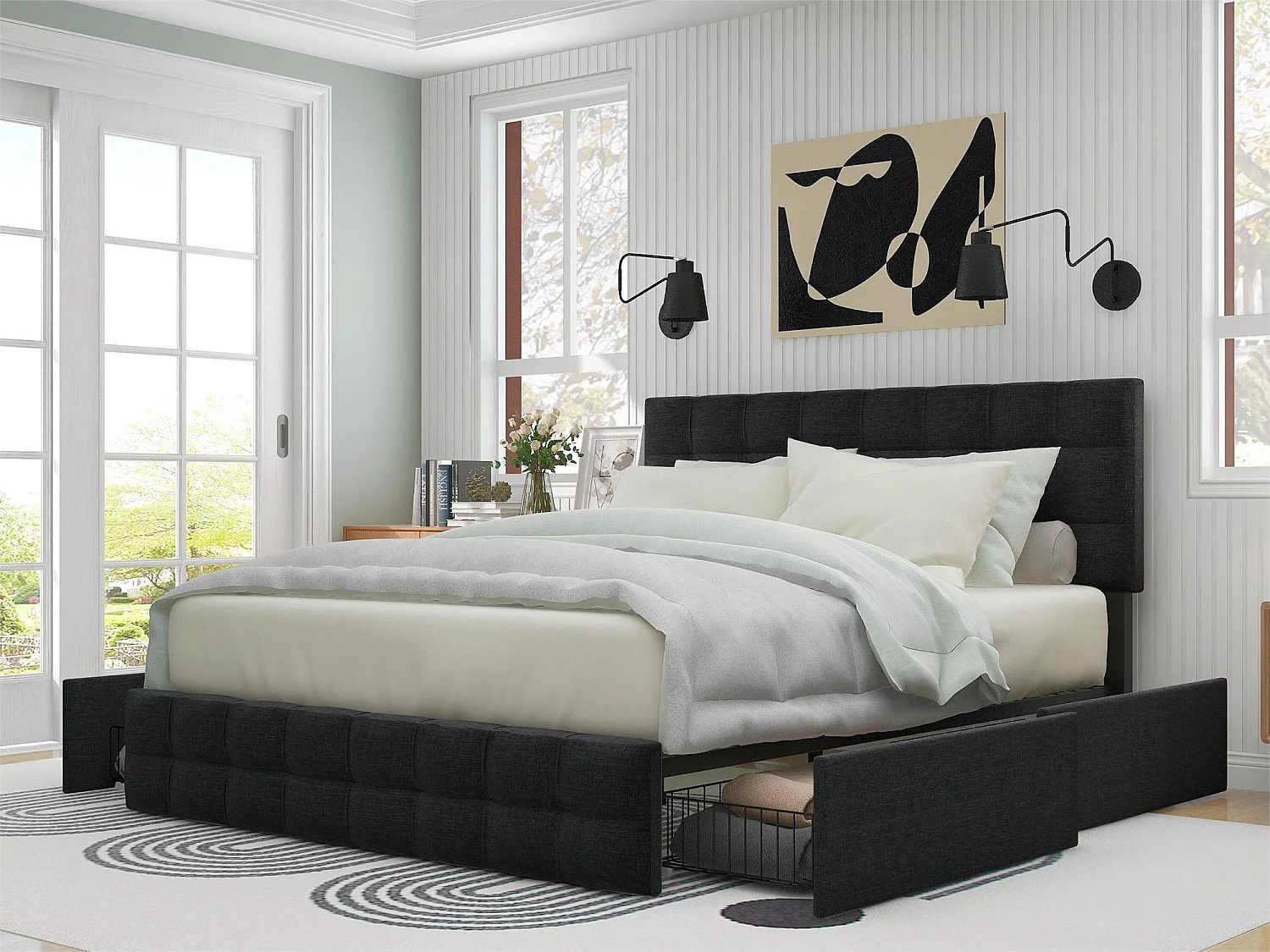 Bett mit Kopfteil und 4 Schubladen – 140 x 200 cm – Leinenstoff – Schwarz