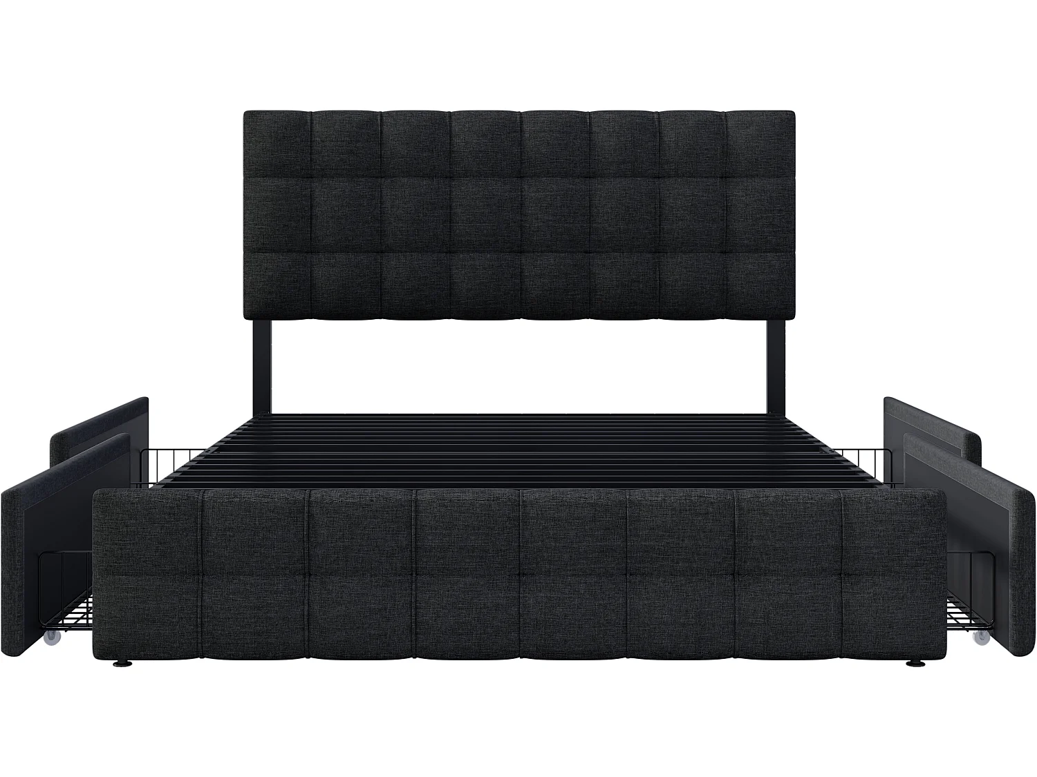 Bett mit Kopfteil und 4 Schubladen – 140 x 200 cm – Leinenstoff – Schwarz