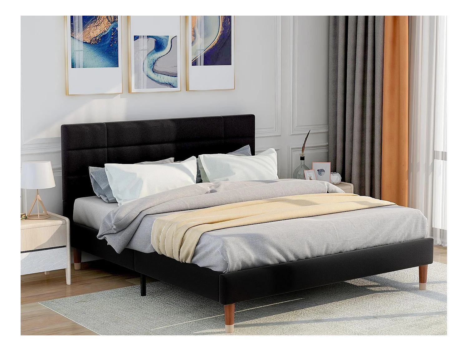 Bett mit Kopfteil – 140 x 200 cm – Leinenstoff – Schwarz