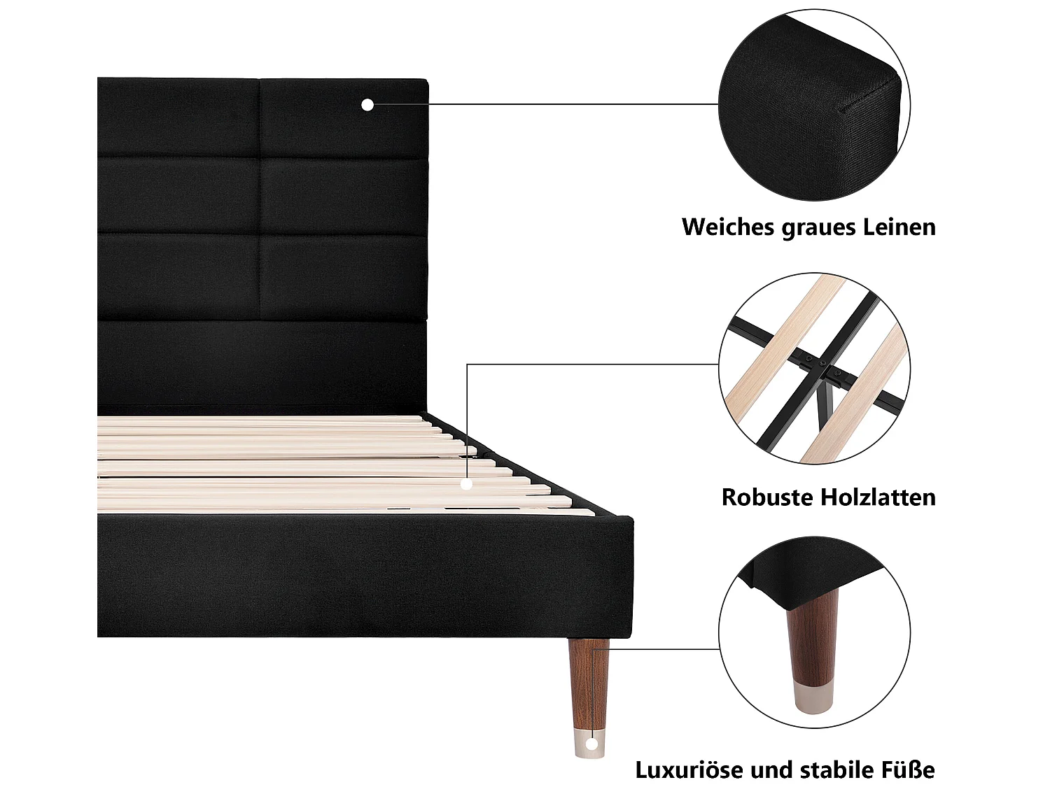 Bett mit Kopfteil – 140 x 200 cm – Leinenstoff – Schwarz