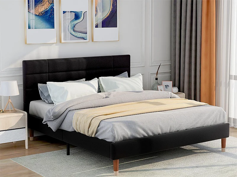 Bett mit Kopfteil – 140 x 200 cm – Leinenstoff – Schwarz