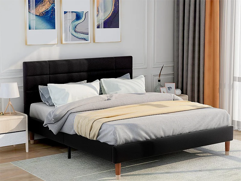 Lit avec tête de lit - 140 x 200 cm - tissu lin - noir