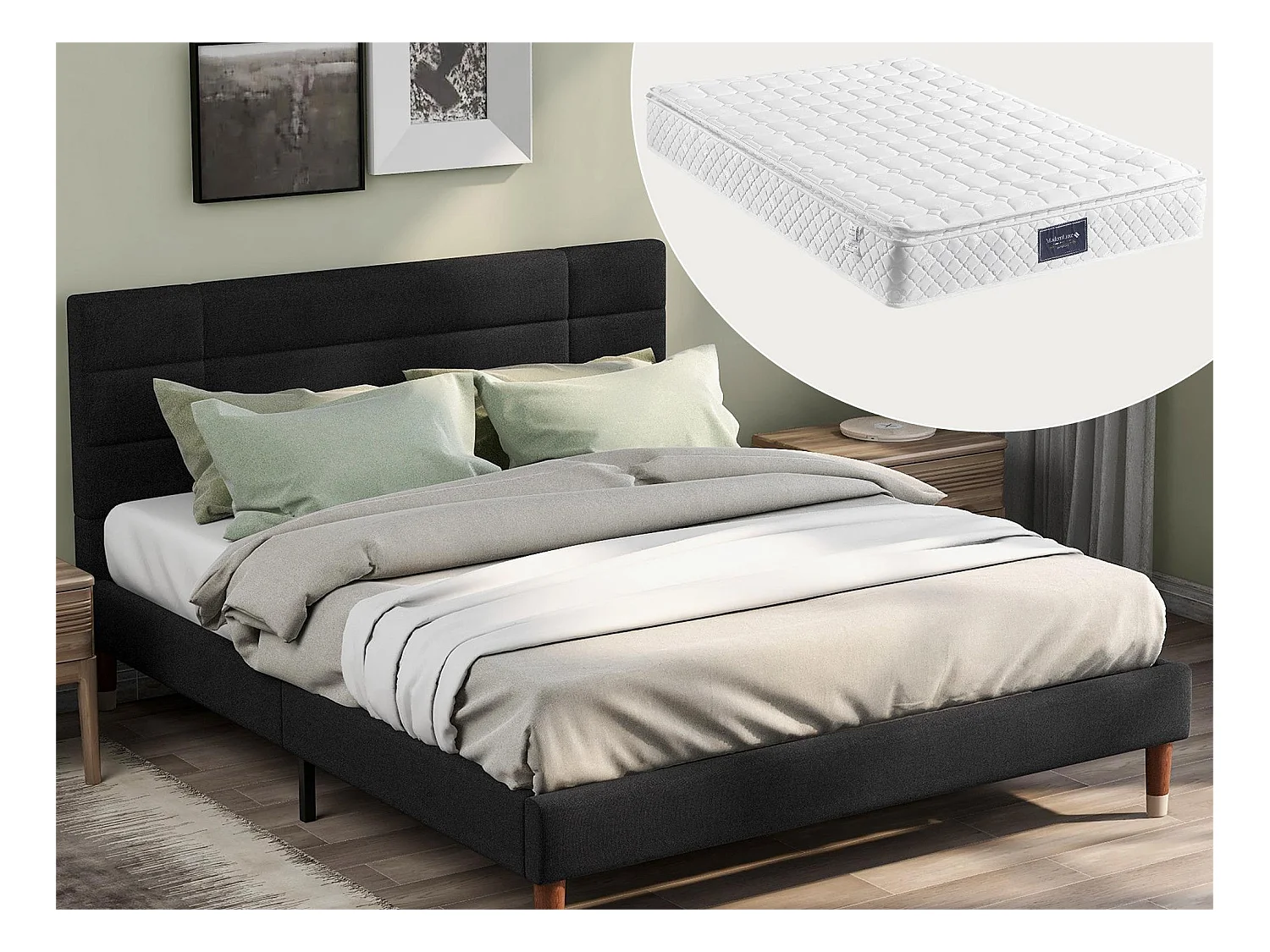 Lit avec tête de lit - 140 x 200 cm - tissu lin - noir + matelas