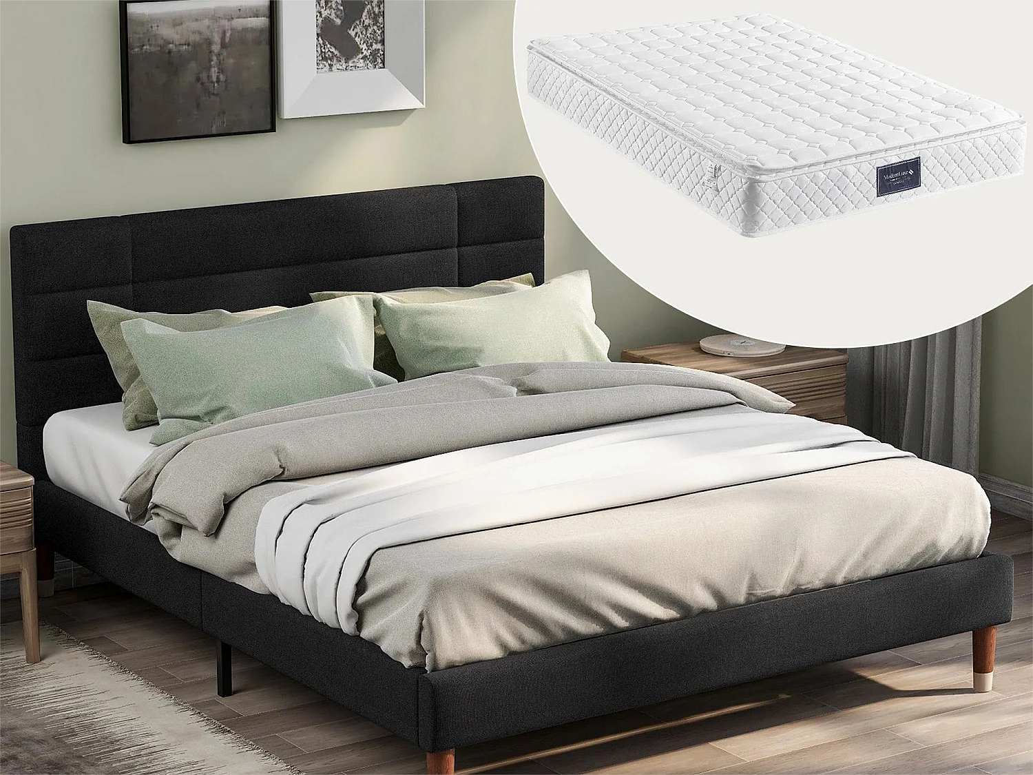 Lit avec tête de lit - 140 x 200 cm - tissu lin - noir + matelas