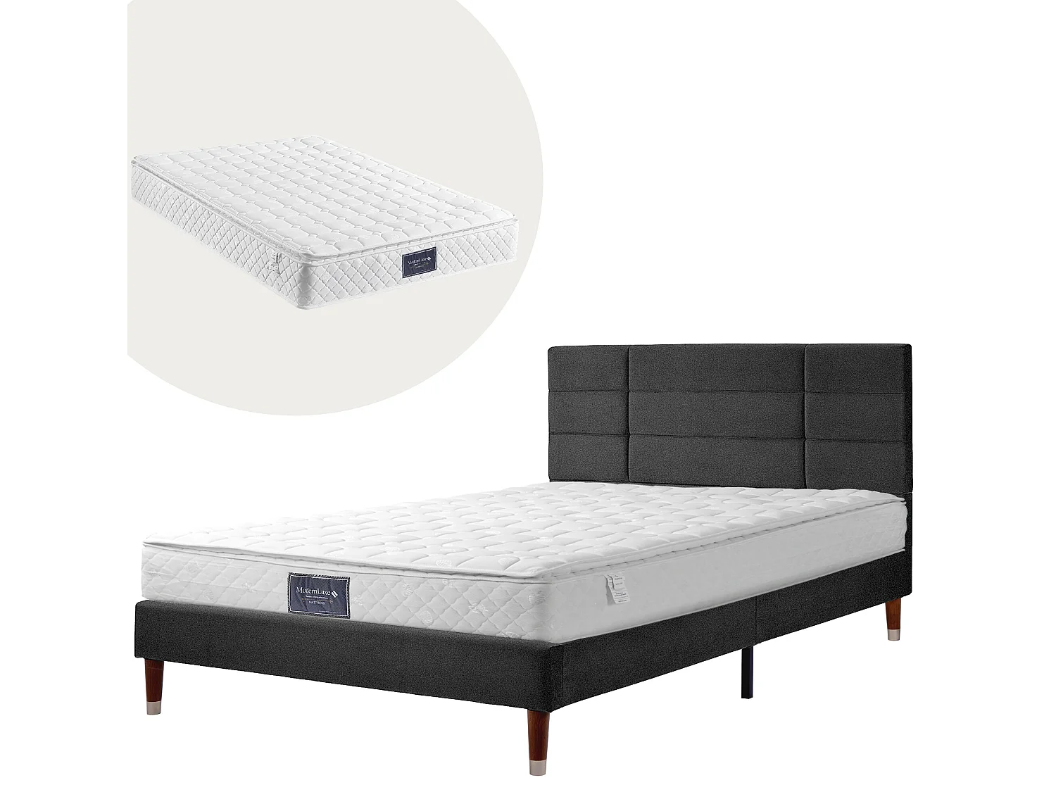 Lit avec tête de lit - 140 x 200 cm - tissu lin - noir + matelas