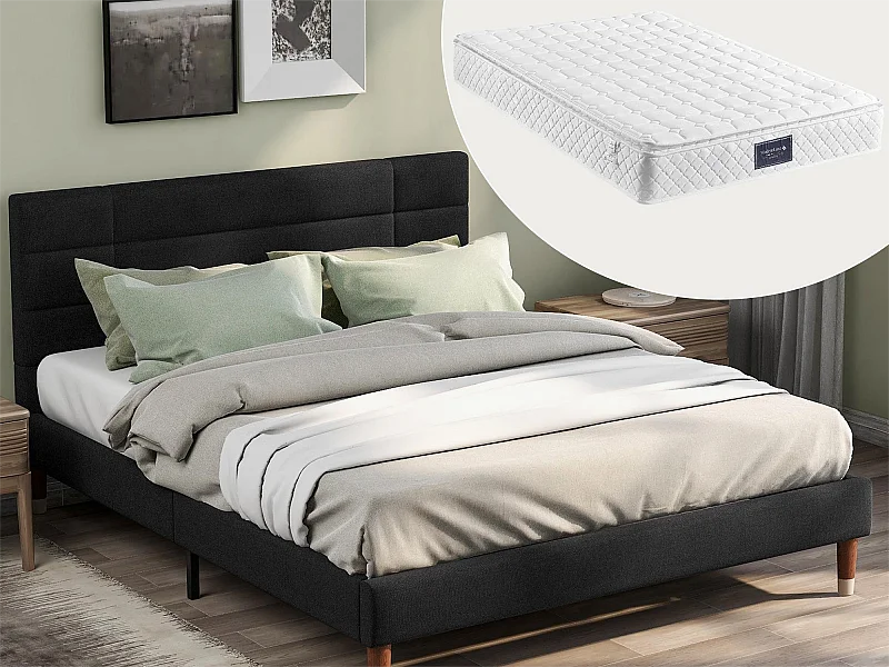 Lit avec tête de lit - 140 x 200 cm - tissu lin - noir + matelas