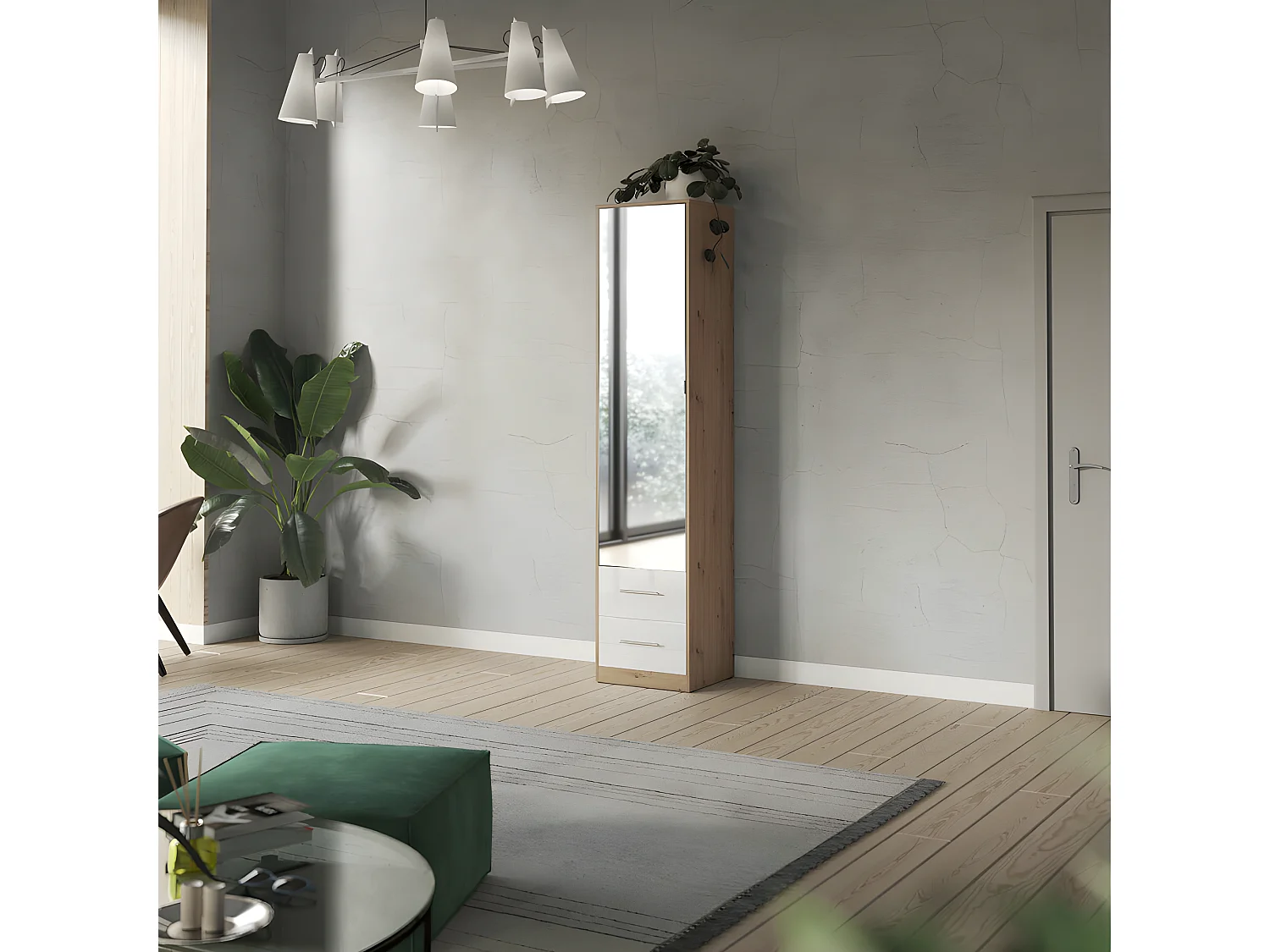 Lit escamotable +2 Placards Vertical 120x200+(50x2)cm Miroir Mural Supérieur Blanc/Blanc brillant