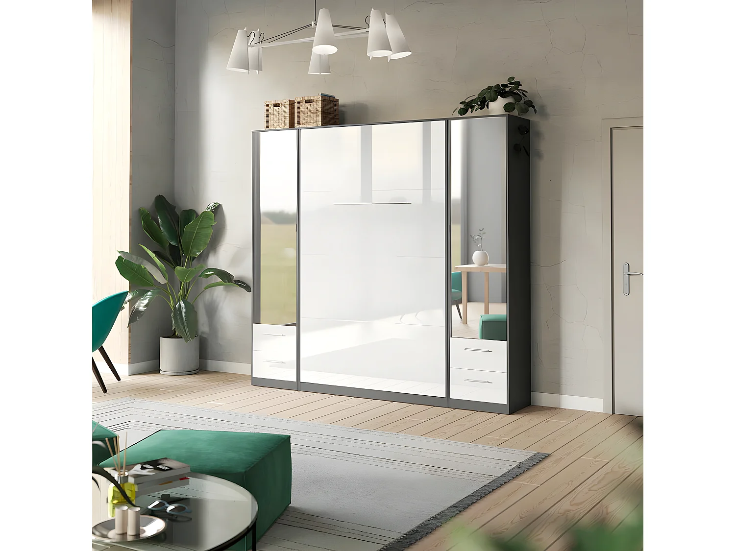 Lit escamotable +2 Placards Vertical 140x200+(50x2)cm Miroir Supérieur Anthracite/blanc brillant